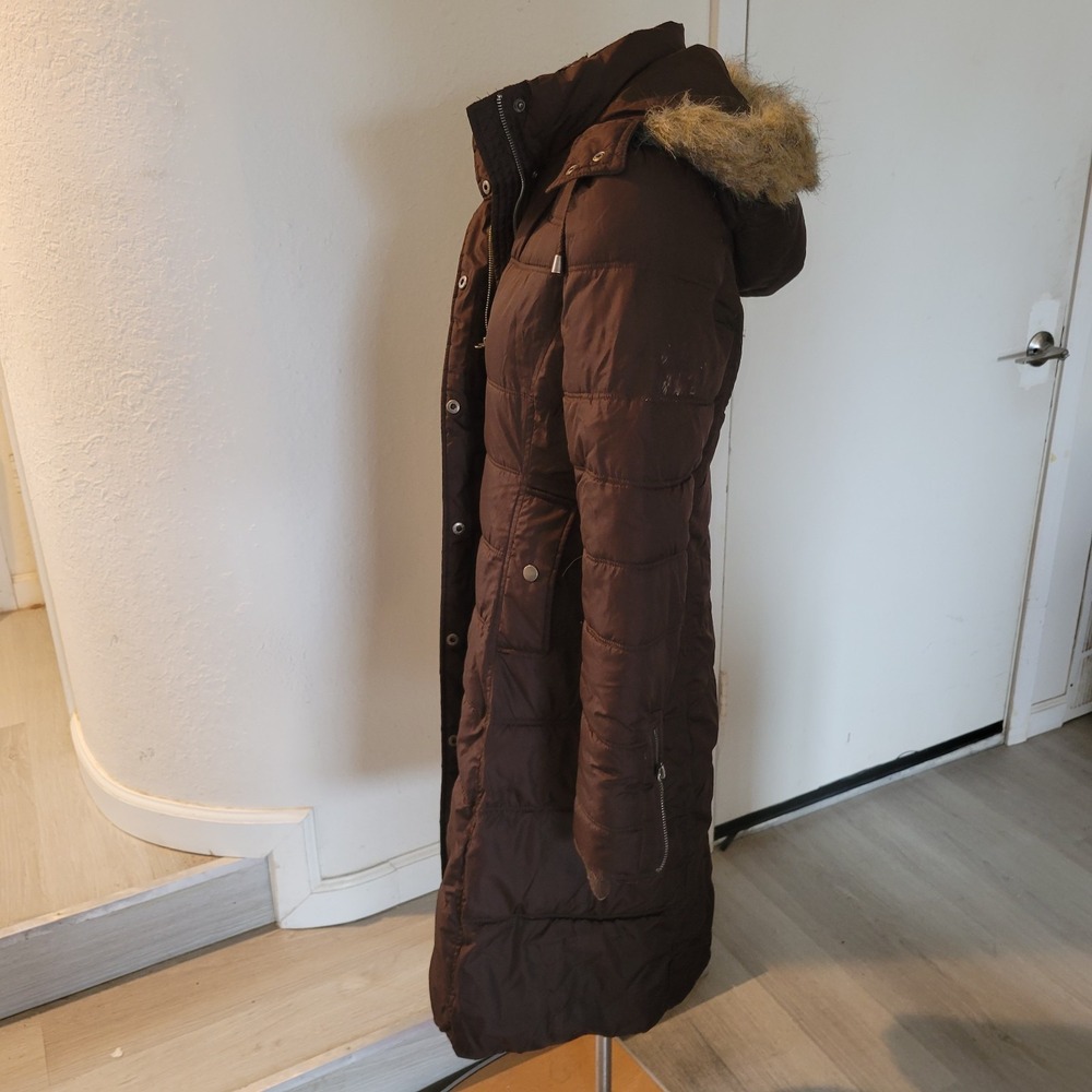 MOSSIMO Puffer Coat Brown Quilted Longline Padded Winter Jacket Warm Fur hood S - Picture 5 of 12
